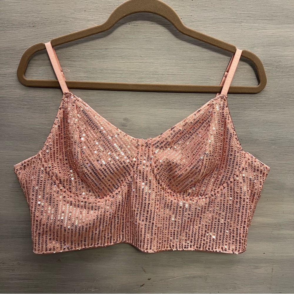 Pink Sequin Bustier Camisole Crop‎ Top Shirt Size XXL Good Condition